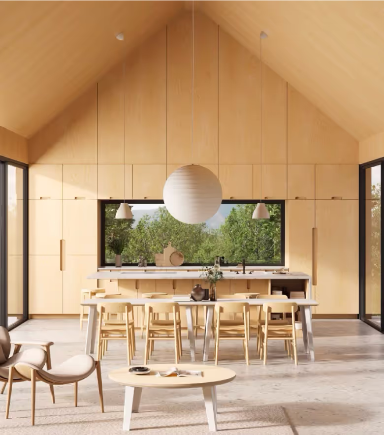 Custom home interior with vaulted ceiling, light wood paneling, and large windows opening to the Utah landscape.